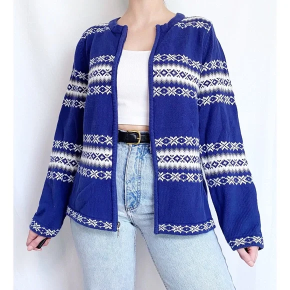 Vintage Retro Fair Isle Blue + White Printed Zip Up Knit Cardigan Sweater - Picture 6 of 12